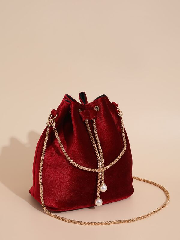 Faux Pearl Decor Drawstring Velvet Bucket Bag SHEIN USA