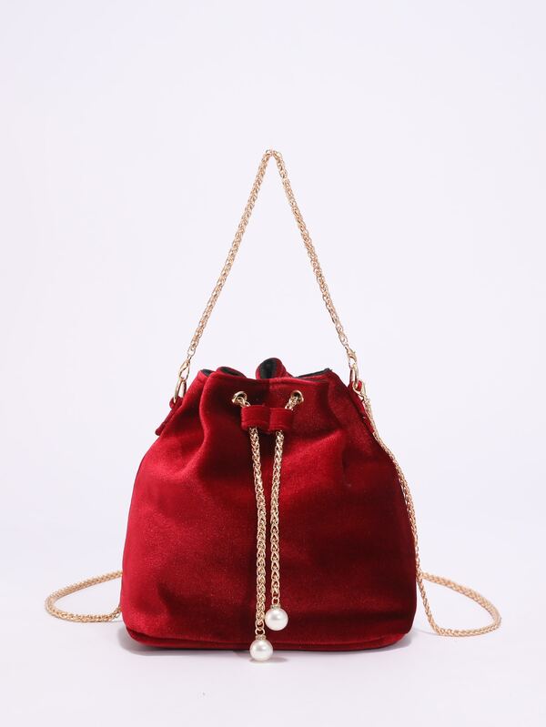 Faux Pearl Decor Drawstring Velvet Bucket Bag SHEIN USA