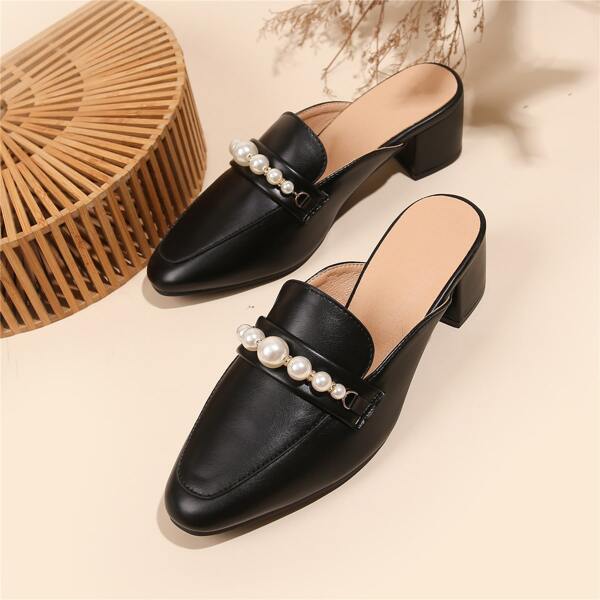 

Faux Pearls Decor Chunky Mules, Black