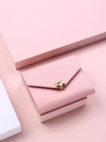 金屬裝飾折疊錢包口袋錢包小錢包ID窗口雙折女士錢包便攜式現金白領工作者學生女性商務通勤辦公室周年禮物生日禮物情人節禮物 - 粉色 - 查看 1