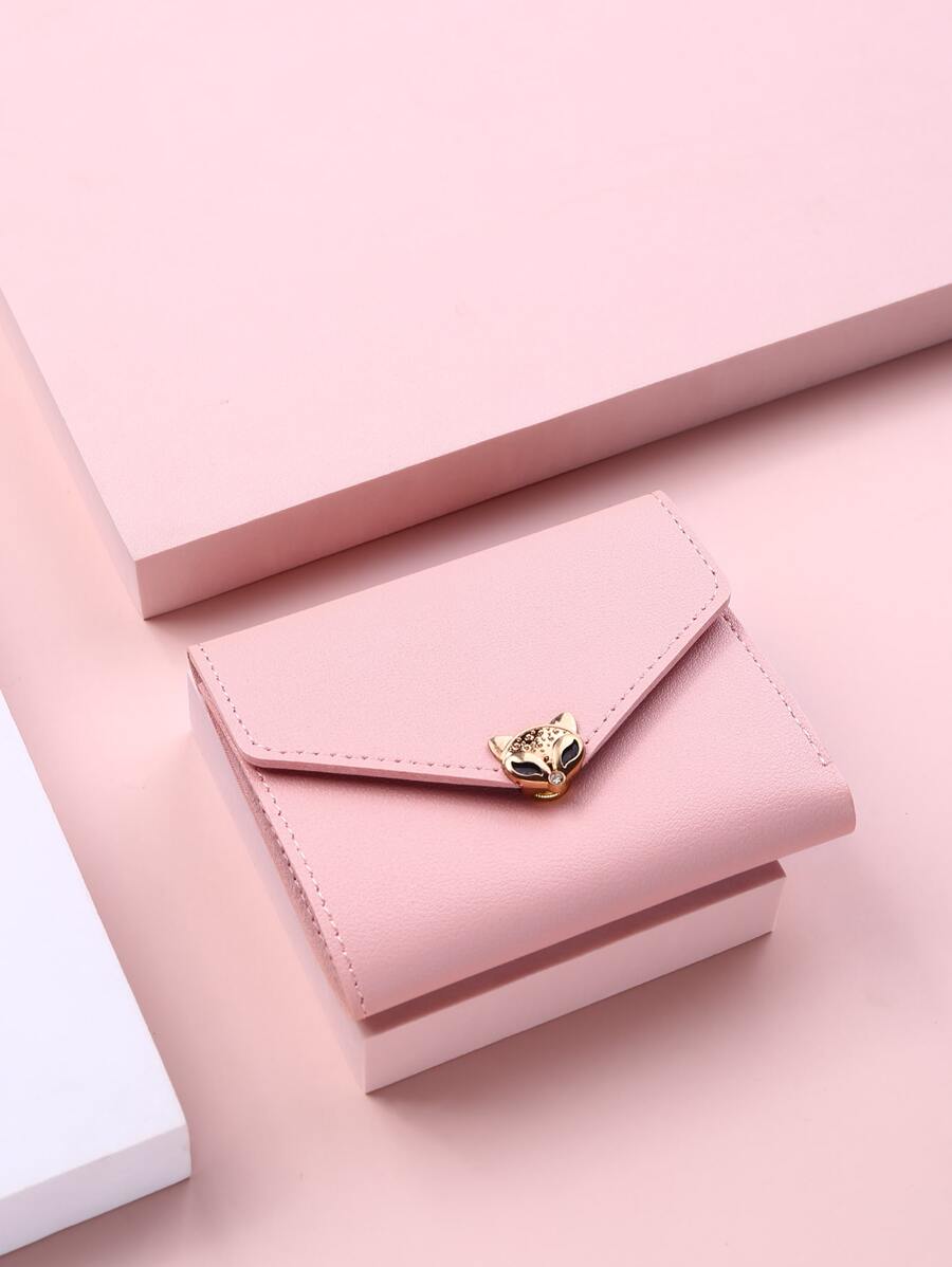 金屬裝飾折疊錢包口袋錢包小錢包ID窗口雙折女士錢包便攜式現金白領工作者學生女性商務通勤辦公室周年禮物生日禮物情人節禮物 - 粉色 - 查看 1