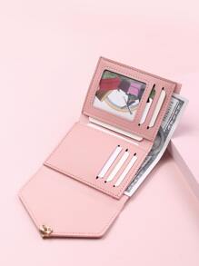 金屬裝飾折疊錢包口袋錢包小錢包ID窗口雙折女士錢包便攜式現金白領工作者學生女性商務通勤辦公室周年禮物生日禮物情人節禮物 - 粉色 - 查看 2