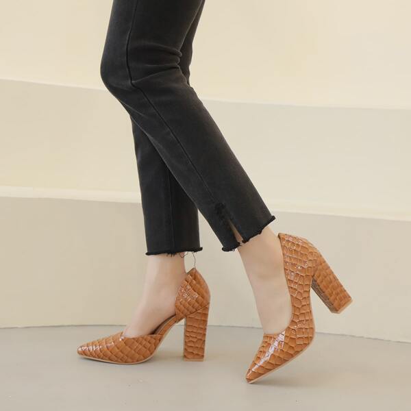 

Croc Embossed Chunky Court Pumps, Brown
