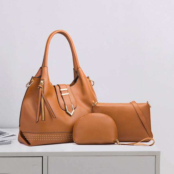 

3pcs Studded Decor Tote Bag Set, Brown