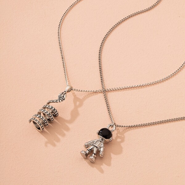 

2pcs Astronaut & Snake Charm Necklace, Silver