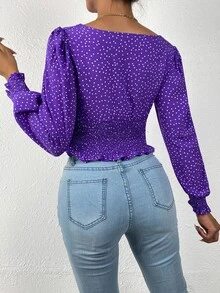 Tie Front Shirred Polka-dot Print Top - Purple - View 2