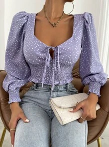 Tie Front Shirred Polka-dot Print Top - Violet Purple - View 1