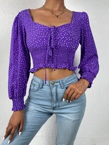 Tie Front Shirred Polka-dot Print Top - Purple - View 4