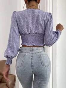 Tie Front Shirred Polka-dot Print Top - Violet Purple - View 2