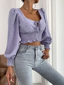 Tie Front Shirred Polka-dot Print Top - Violet Purple - View 3