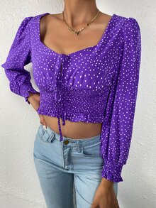 Tie Front Shirred Polka-dot Print Top - Purple - View 5