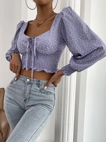 Tie Front Shirred Polka-dot Print Top - Violet Purple - View 4