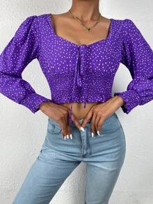 Tie Front Shirred Polka-dot Print Top - Purple - View 6