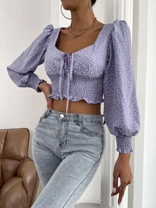 Tie Front Shirred Polka-dot Print Top - Violet Purple - View 5