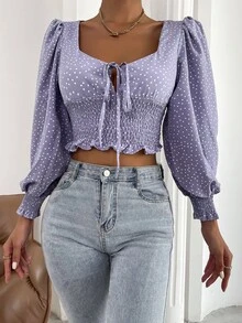 Tie Front Shirred Polka-dot Print Top - Violet Purple - View 6