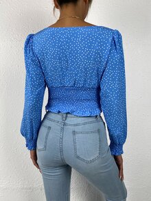 Tie Front Shirred Polka-dot Print Top - Blue - View 2