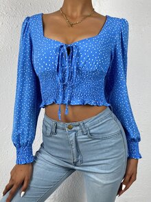 Tie Front Shirred Polka-dot Print Top - Blue - View 3