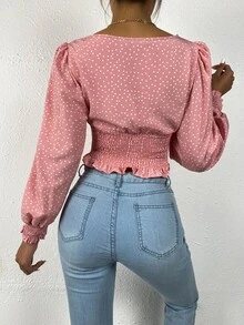 Top con estampado de lunares con fruncido con cordón delantero - Rosa vieja - Ver 2