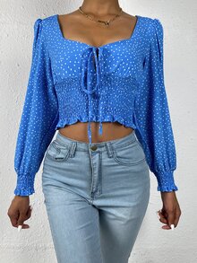 Tie Front Shirred Polka-dot Print Top - Blue - View 4