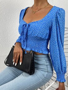 Tie Front Shirred Polka-dot Print Top - Blue - View 5