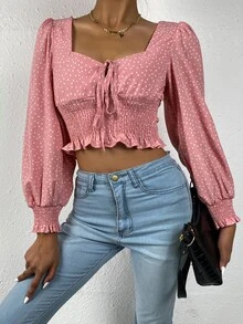 Top con estampado de lunares con fruncido con cordón delantero - Rosa vieja - Ver 3