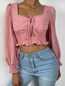 Top con estampado de lunares con fruncido con cordón delantero - Rosa vieja - Ver 4