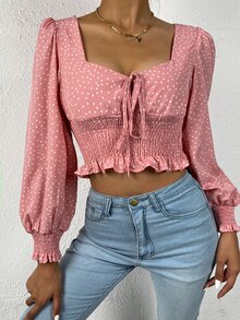Top con estampado de lunares con fruncido con cordón delantero - Rosa vieja - Ver 5