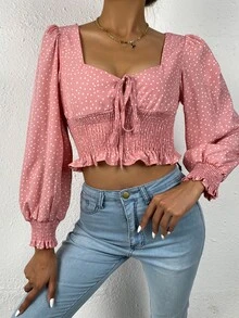Top con estampado de lunares con fruncido con cordón delantero - Rosa vieja - Ver 6