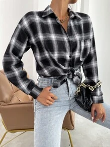 SHEIN LUNE 落肩格紋長款襯衫 - 黑與白 - 查看 3