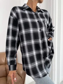 SHEIN LUNE 落肩格紋長款襯衫 - 黑與白 - 查看 6