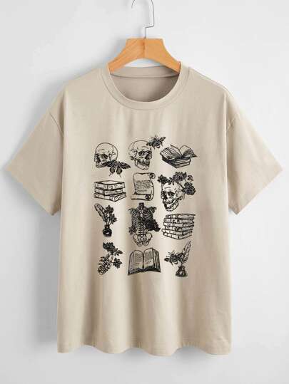 SHEIN EZwear Skeleton & Book Print Drop Shoulder Tee
