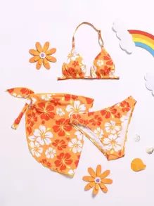 3packs Tween Girl Floral Print Halter Bikini Set & Beach Skirt Summer Beach - Orange - View 1