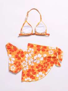 3packs Tween Girl Floral Print Halter Bikini Set & Beach Skirt Summer Beach - Orange - View 2