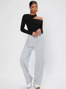 SHEIN Tall Áo thun nữ Bất đối xứng Cắt ra màu trơn Thanh lịch - màu đen - Xem 1