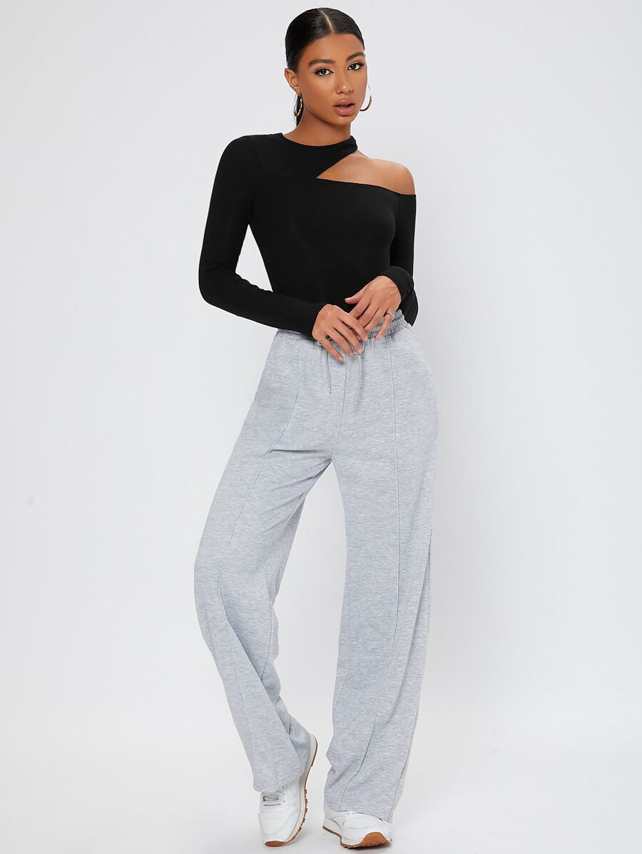 SHEIN Tall Áo thun nữ Bất đối xứng Cắt ra màu trơn Thanh lịch - màu đen - Xem 1