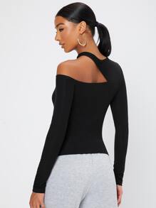 SHEIN Tall Áo thun nữ Bất đối xứng Cắt ra màu trơn Thanh lịch - màu đen - Xem 2