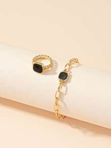 con diseño geométrico Pulsera & Anillo - Negro - Ver 2