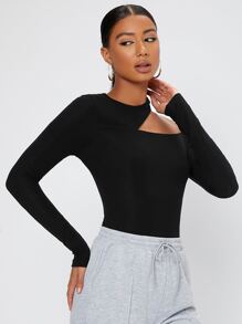 SHEIN Tall Áo thun nữ Bất đối xứng Cắt ra màu trơn Thanh lịch - màu đen - Xem 4