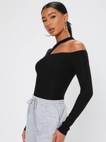 SHEIN Tall Áo thun nữ Bất đối xứng Cắt ra màu trơn Thanh lịch - màu đen - Xem 5