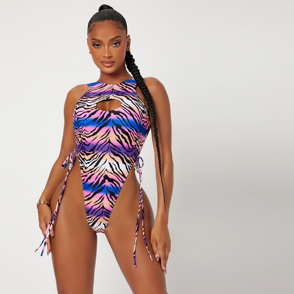 

Tiger Stripe Pattern High Leg One Piece Swimsuit, Multicolor