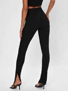 SHEIN Tall Solid Split Hem Trousers - Black - View 2