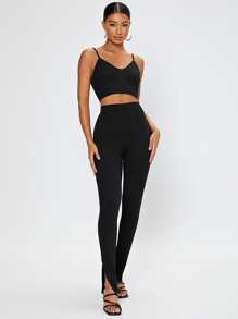 SHEIN Tall Solid Split Hem Trousers - Black - View 4