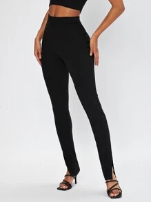 SHEIN Tall Solid Split Hem Trousers - Black - View 5