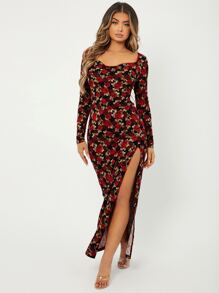 SHEIN SXY 滿版印花雞心領口高衩連衣裙 - 彩色 - 查看 1