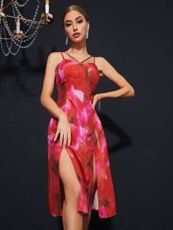 紮染高開叉吊帶睡裙