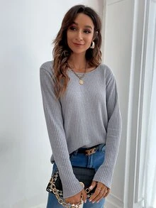 刺繡網紗V型後背T恤 - 灰色 - 查看 3