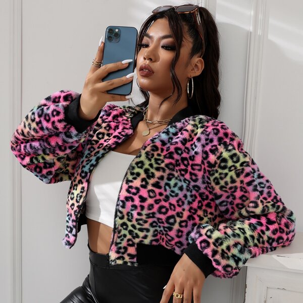 

Plus Leopard Print Zip Up Fuzzy Jacket, Multicolor