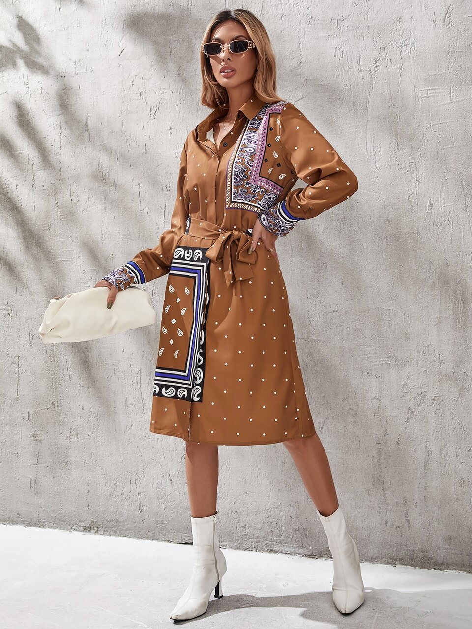 Polka Dot & Paisley Print Belted Shirt Dress