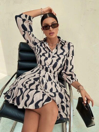 Aveloria Vestido camisero con estampado todo sobre y cinturón, atuendos de trabajo y vacaciones para mujer