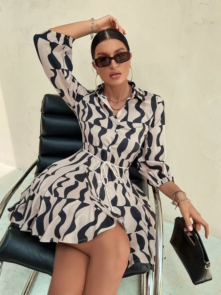 GENKIRA Vestido camisero con estampado todo sobre y cinturón, atuendos de trabajo y vacaciones para mujer - Multicolor - Añade 1